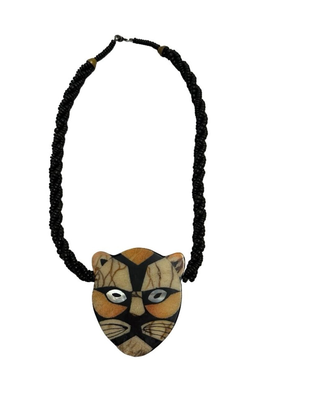 Vintage Cat Face Necklace Shell Inlay Mosaic Black Multi Strand Beads 18"
